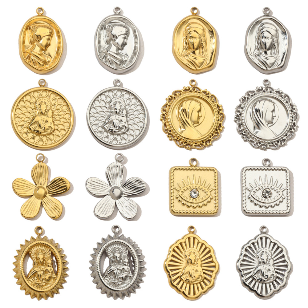 6pcs/pack French Eye Flower Stainless Steel Diy Bracelet Charms Women Virgin Mary Necklace Pendant Religious Tag Jewelry