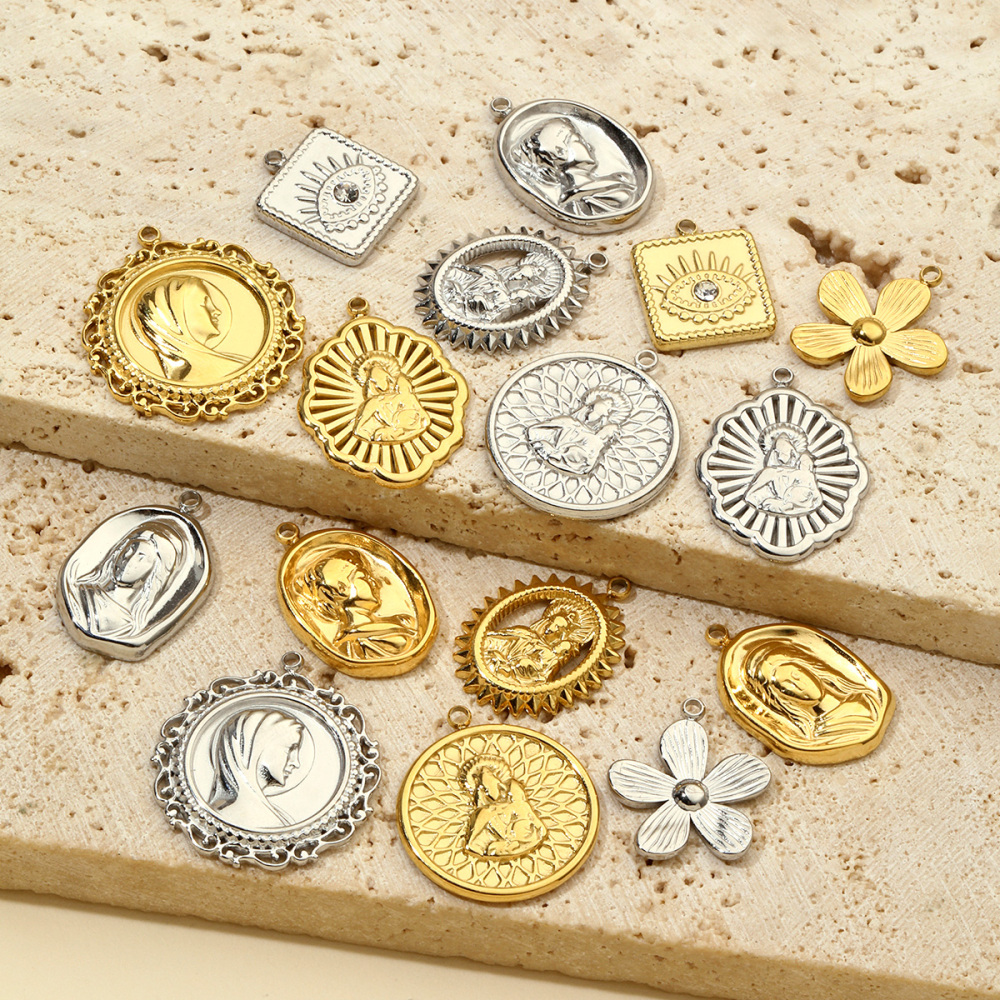 6pcs/pack French Eye Flower Stainless Steel Diy Bracelet Charms Women Virgin Mary Necklace Pendant Religious Tag Jewelry