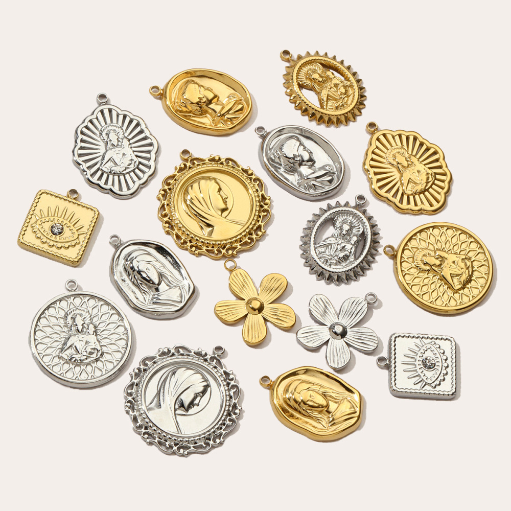 6pcs/pack French Eye Flower Stainless Steel Diy Bracelet Charms Women Virgin Mary Necklace Pendant Religious Tag Jewelry