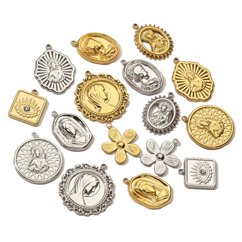 6pcs/pack French Eye Flower Stainless Steel Diy Bracelet Charms Women Virgin Mary Necklace Pendant Religious Tag Jewelry