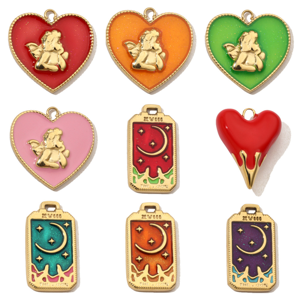 6pcs/pack French Retro Heart Moon Stainless Steel Necklace Pendant Women Enamel Angel Bracelet Diy Charms Wholesale Love Jewelry