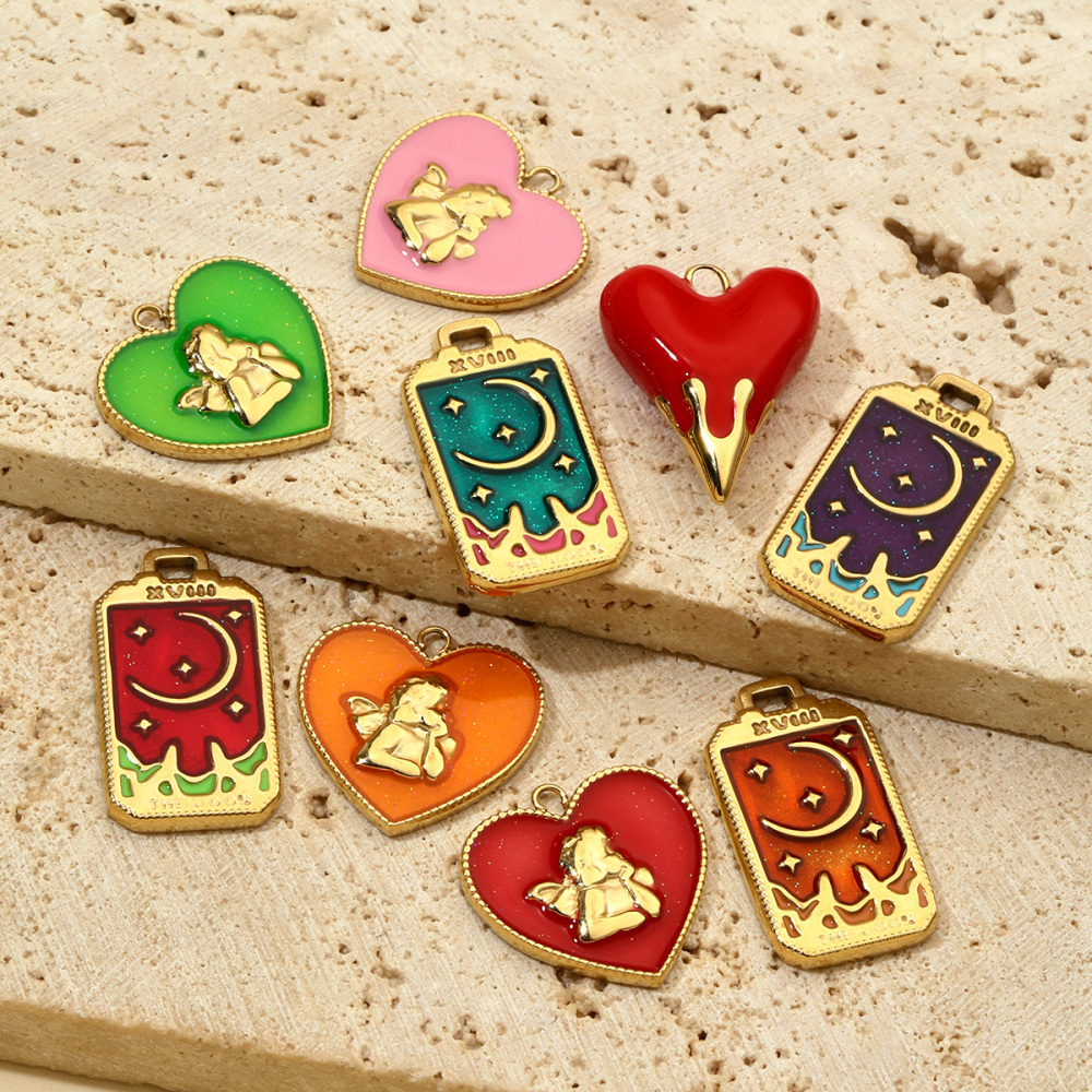 6pcs/pack French Retro Heart Moon Stainless Steel Necklace Pendant Women Enamel Angel Bracelet Diy Charms Wholesale Love Jewelry