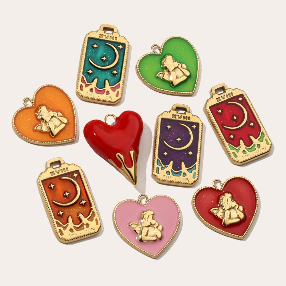 6pcs/pack French Retro Heart Moon Stainless Steel Necklace Pendant Women Enamel Angel Bracelet Diy Charms Wholesale Love Jewelry