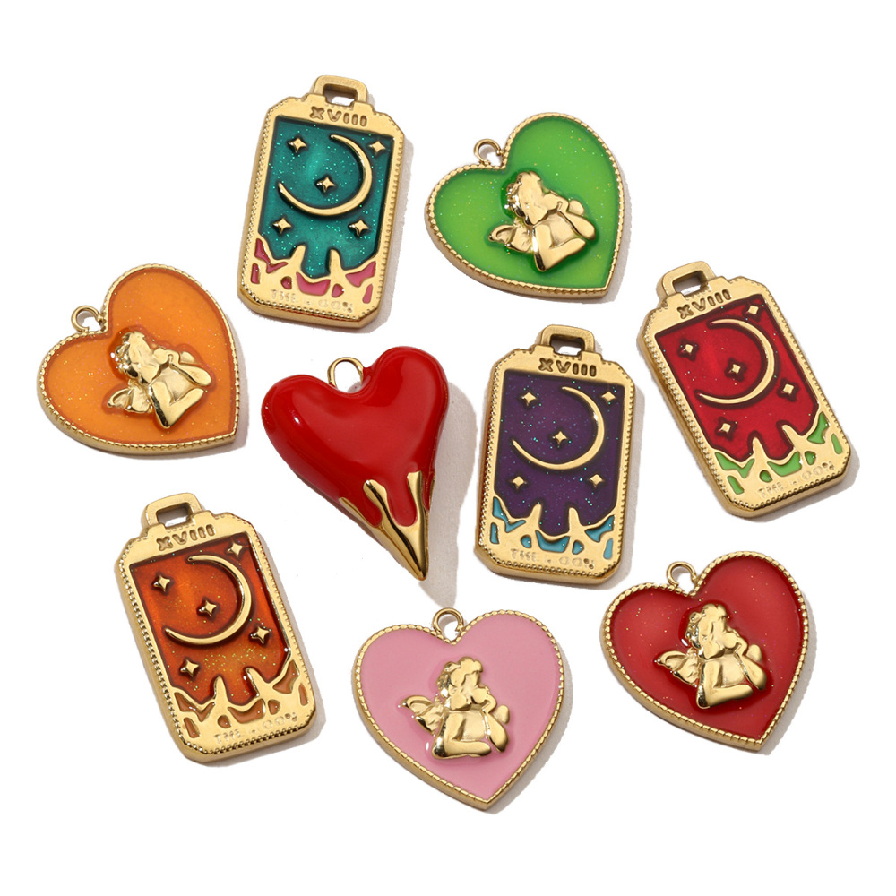 6pcs/pack French Retro Heart Moon Stainless Steel Necklace Pendant Women Enamel Angel Bracelet Diy Charms Wholesale Love Jewelry