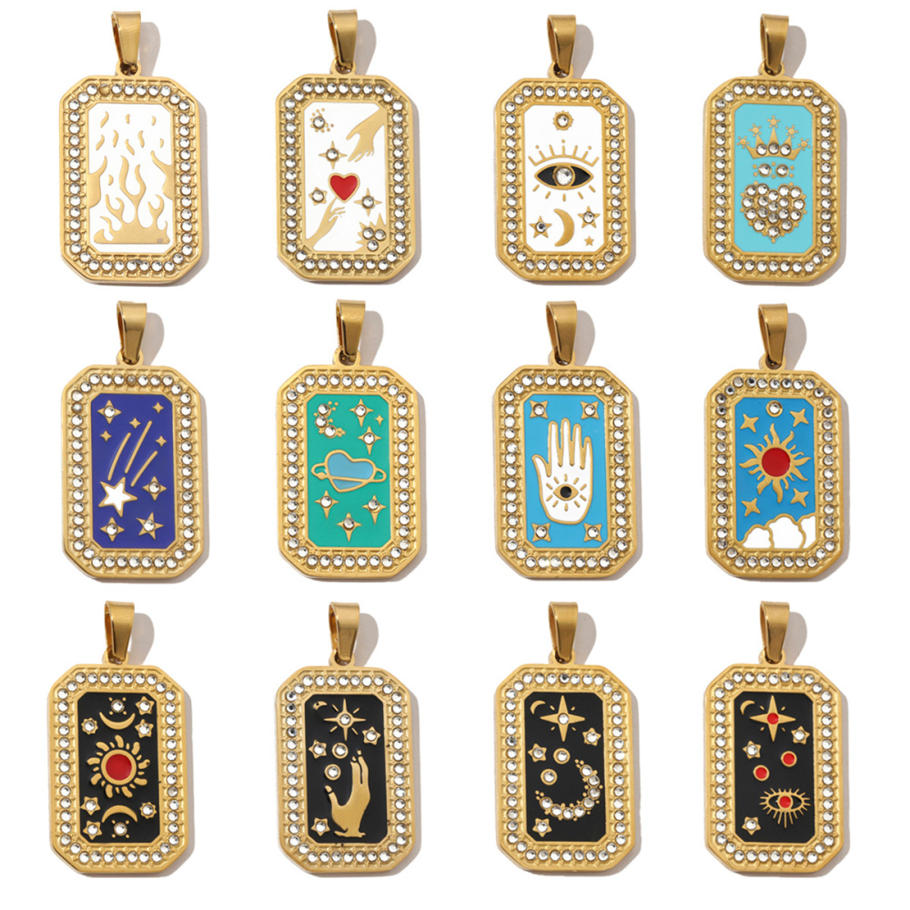 6pcs/pack French Stone Tarot Card Stainless Steel Necklace Pendant Women Enamel Sun Star Moon DIY Charms Eye Hand Jewelry