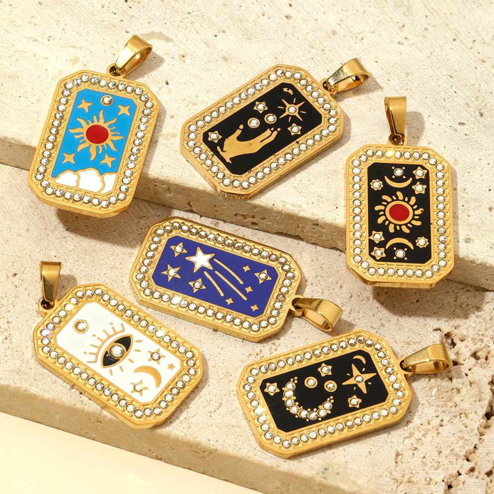 6pcs/pack French Stone Tarot Card Stainless Steel Necklace Pendant Women Enamel Sun Star Moon DIY Charms Eye Hand Jewelry