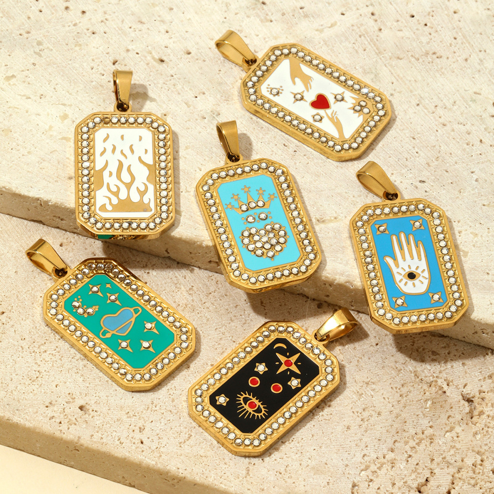 6pcs/pack French Stone Tarot Card Stainless Steel Necklace Pendant Women Enamel Sun Star Moon DIY Charms Eye Hand Jewelry