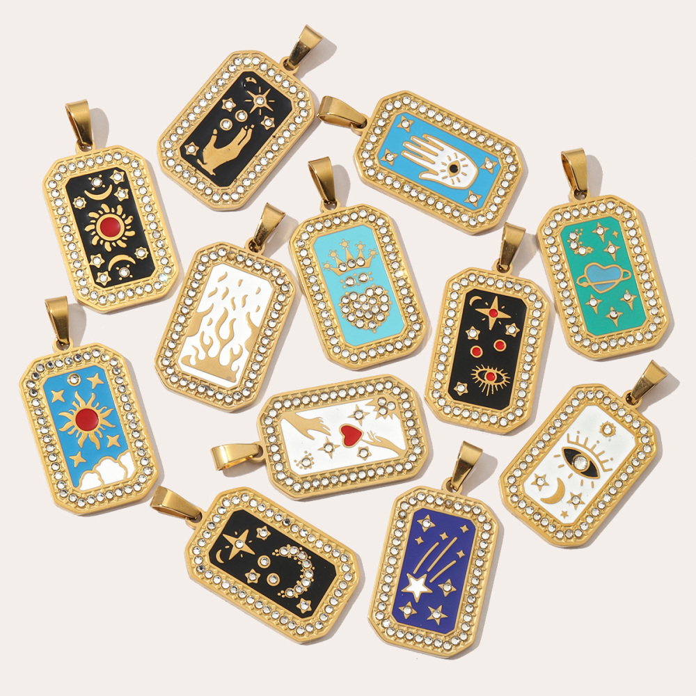 6pcs/pack French Stone Tarot Card Stainless Steel Necklace Pendant Women Enamel Sun Star Moon DIY Charms Eye Hand Jewelry