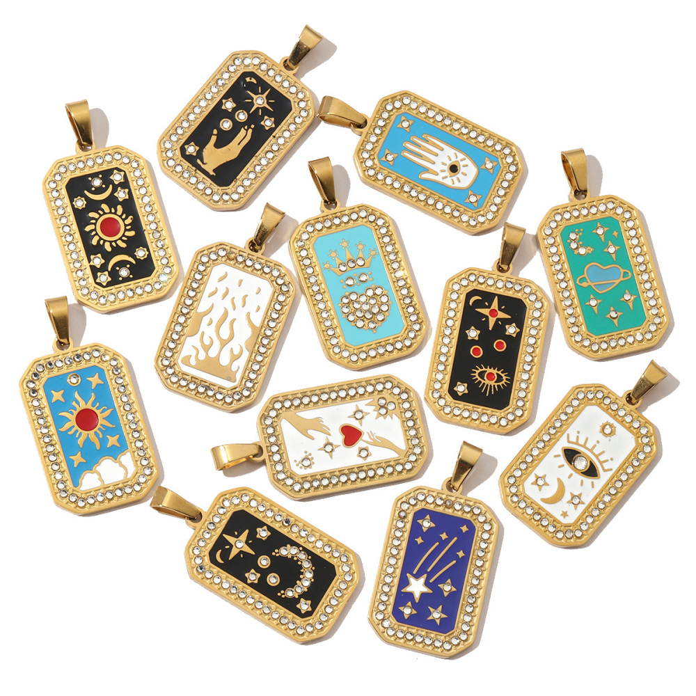 6pcs/pack French Stone Tarot Card Stainless Steel Necklace Pendant Women Enamel Sun Star Moon DIY Charms Eye Hand Jewelry
