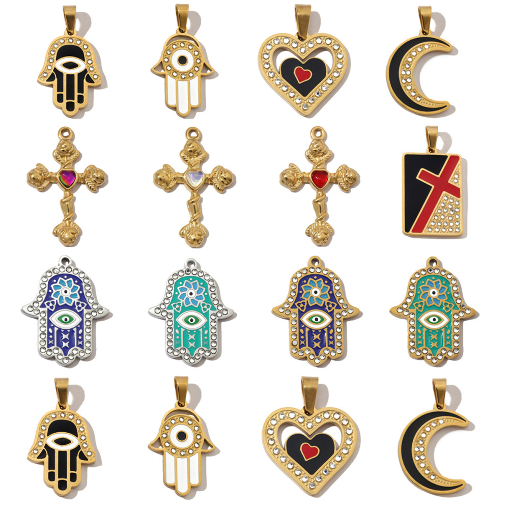 6pcs/pack French Stone Hamsa Hand Eye Stainless Steel Necklace Pendant Women Enamel Heart Cross Earring DIY Charms Moon Jewelry