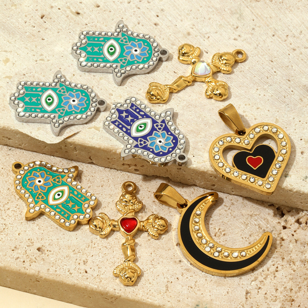 6pcs/pack French Stone Hamsa Hand Eye Stainless Steel Necklace Pendant Women Enamel Heart Cross Earring DIY Charms Moon Jewelry