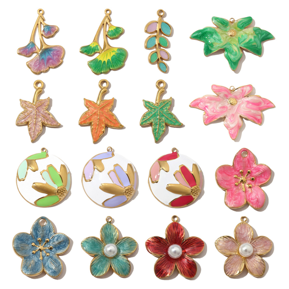 6pcs/pack French Pearl Flower Stainless Steel Necklace Pendant Women Lotus Ginkgo Maple Leaf Earring DIY Charms Daisy Jewelry