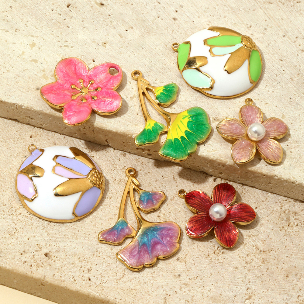 6pcs/pack French Pearl Flower Stainless Steel Necklace Pendant Women Lotus Ginkgo Maple Leaf Earring DIY Charms Daisy Jewelry