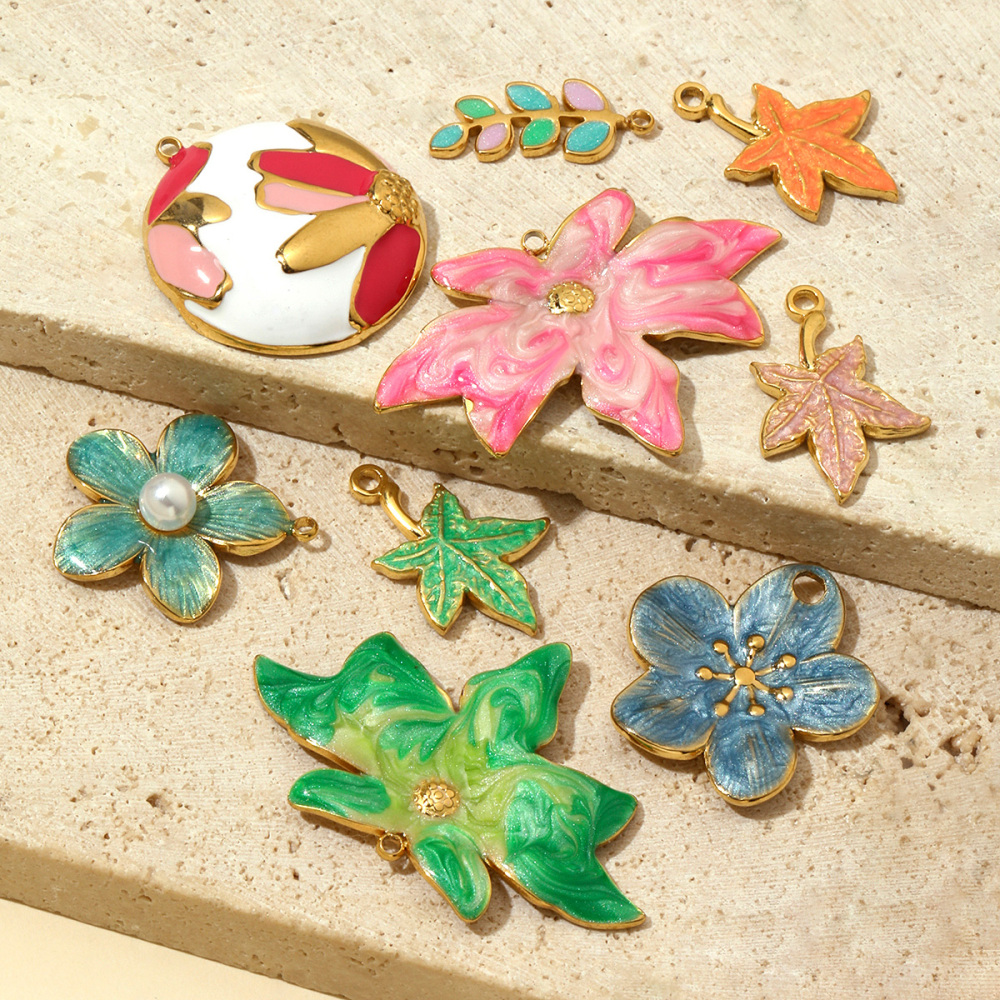 6pcs/pack French Pearl Flower Stainless Steel Necklace Pendant Women Lotus Ginkgo Maple Leaf Earring DIY Charms Daisy Jewelry