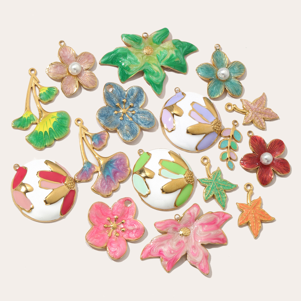 6pcs/pack French Pearl Flower Stainless Steel Necklace Pendant Women Lotus Ginkgo Maple Leaf Earring DIY Charms Daisy Jewelry