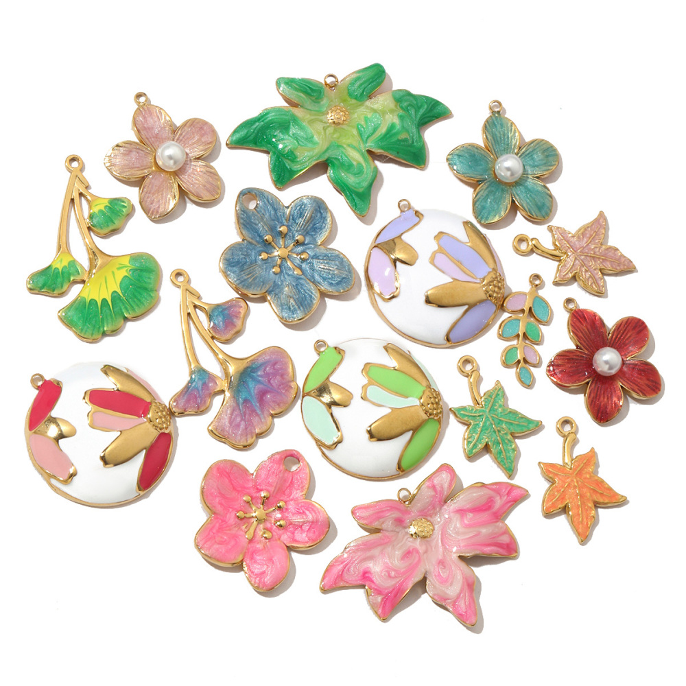 6pcs/pack French Pearl Flower Stainless Steel Necklace Pendant Women Lotus Ginkgo Maple Leaf Earring DIY Charms Daisy Jewelry