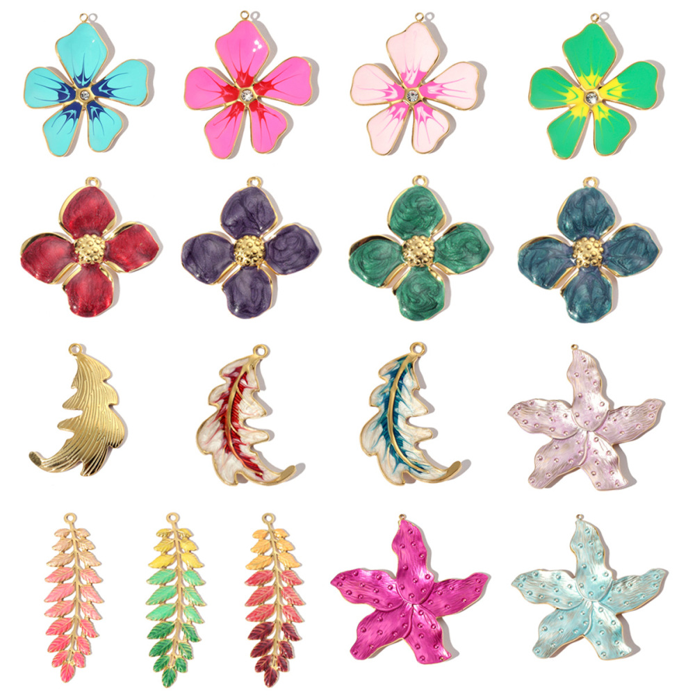 6pcs/pack French Stainless Steel Enamel Flower Earring DIY Charms Women Leaf Clover Necklace Pendant Starfish Jewelry