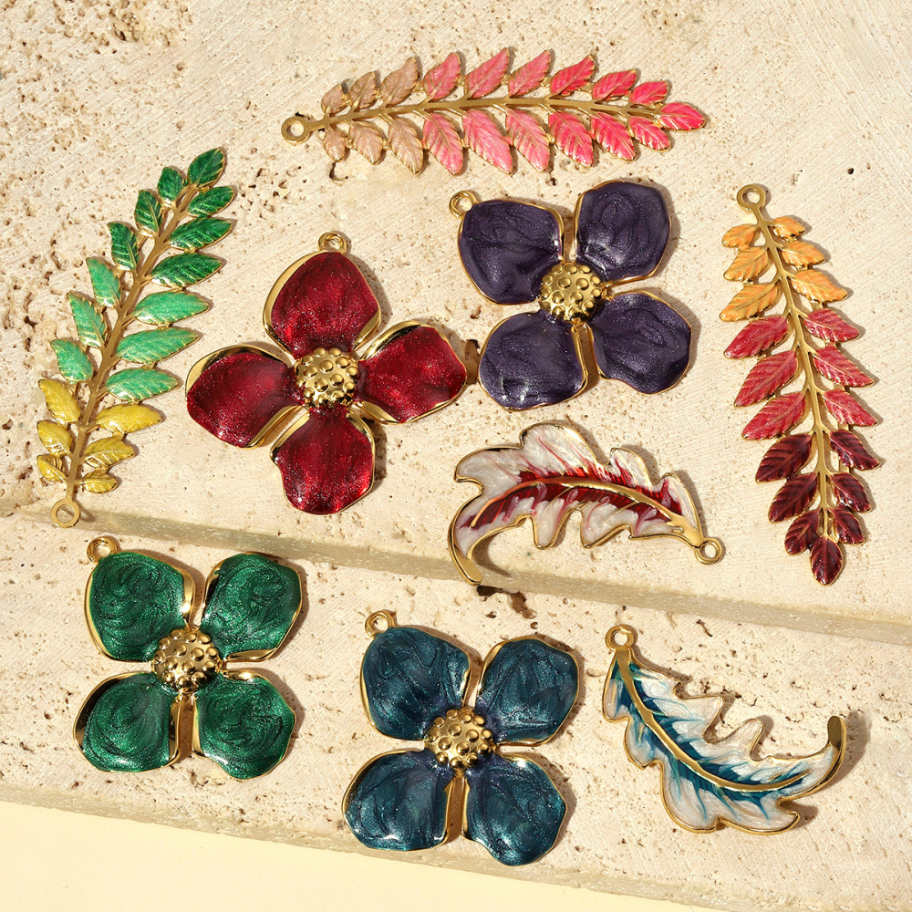 6pcs/pack French Stainless Steel Enamel Flower Earring DIY Charms Women Leaf Clover Necklace Pendant Starfish Jewelry