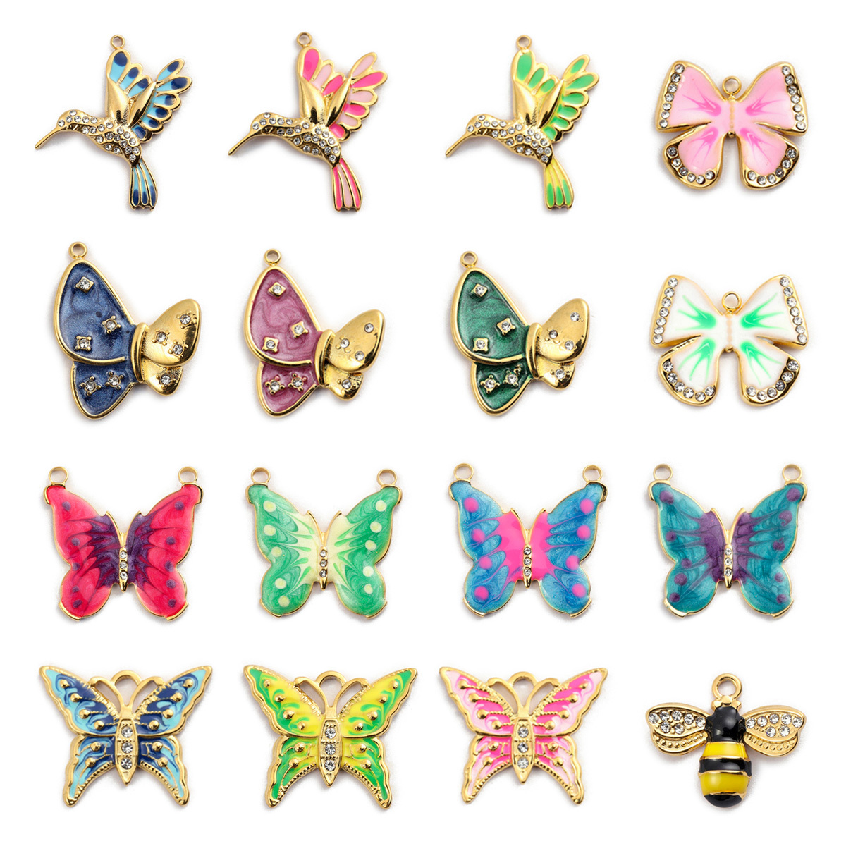 6pcs/pack French Stainless Steel Bee Butterfly Bracelets DIY Charms Women Enamel Humming Bird Necklace Pendant Butterfly Jewelry