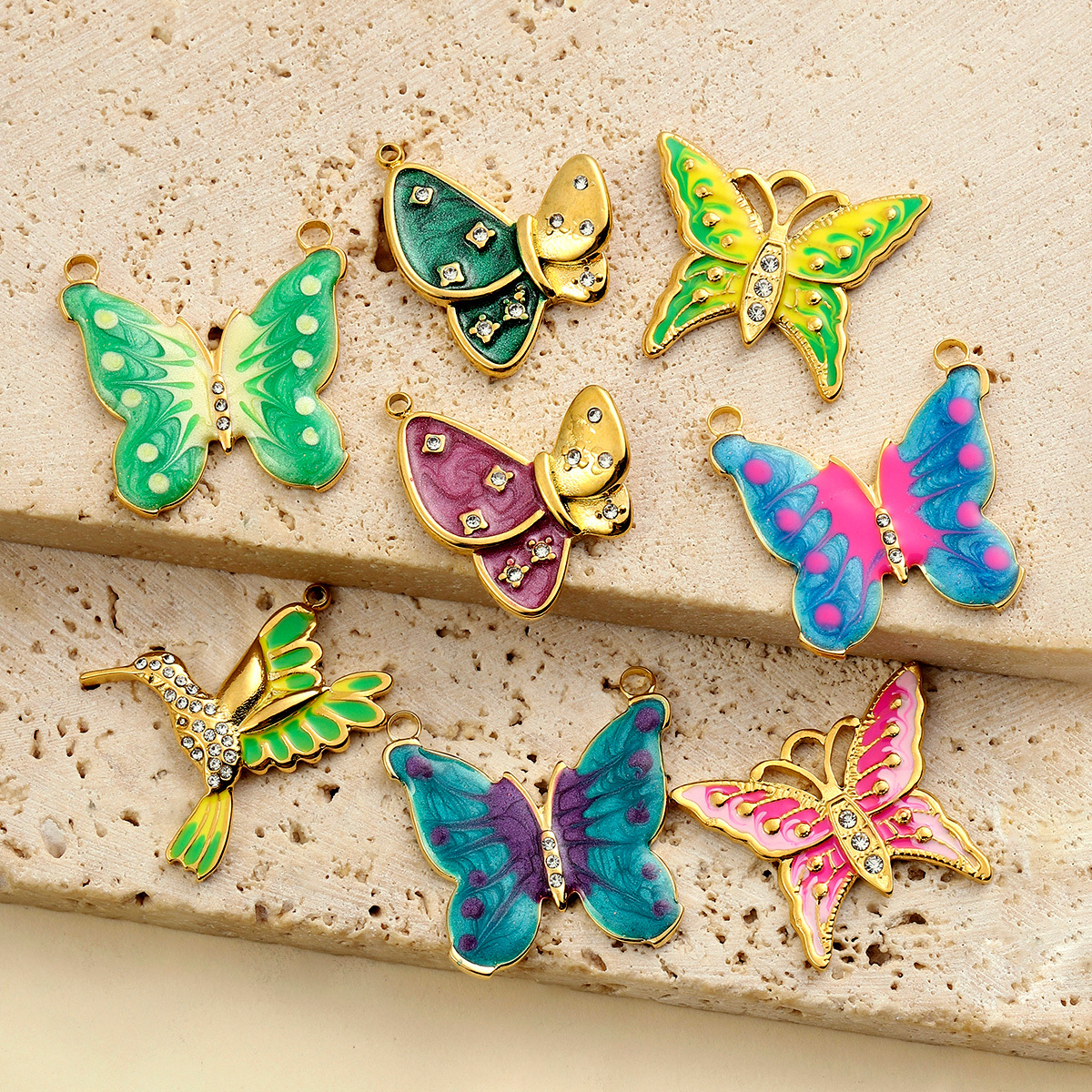 6pcs/pack French Stainless Steel Bee Butterfly Bracelets DIY Charms Women Enamel Humming Bird Necklace Pendant Butterfly Jewelry