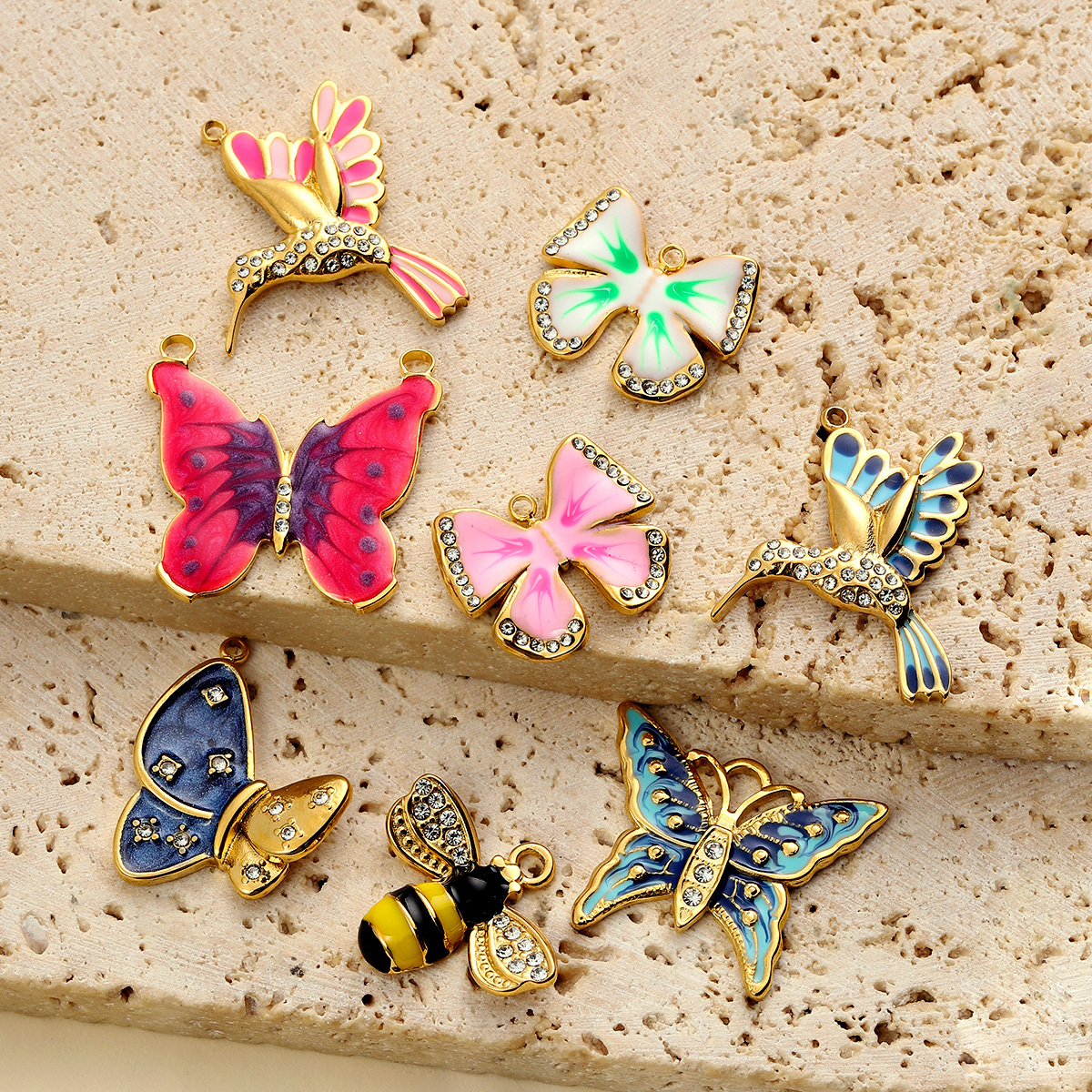 6pcs/pack French Stainless Steel Bee Butterfly Bracelets DIY Charms Women Enamel Humming Bird Necklace Pendant Butterfly Jewelry
