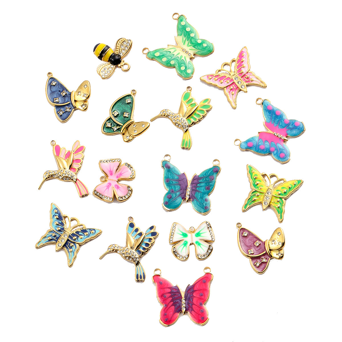 6pcs/pack French Stainless Steel Bee Butterfly Bracelets DIY Charms Women Enamel Humming Bird Necklace Pendant Butterfly Jewelry