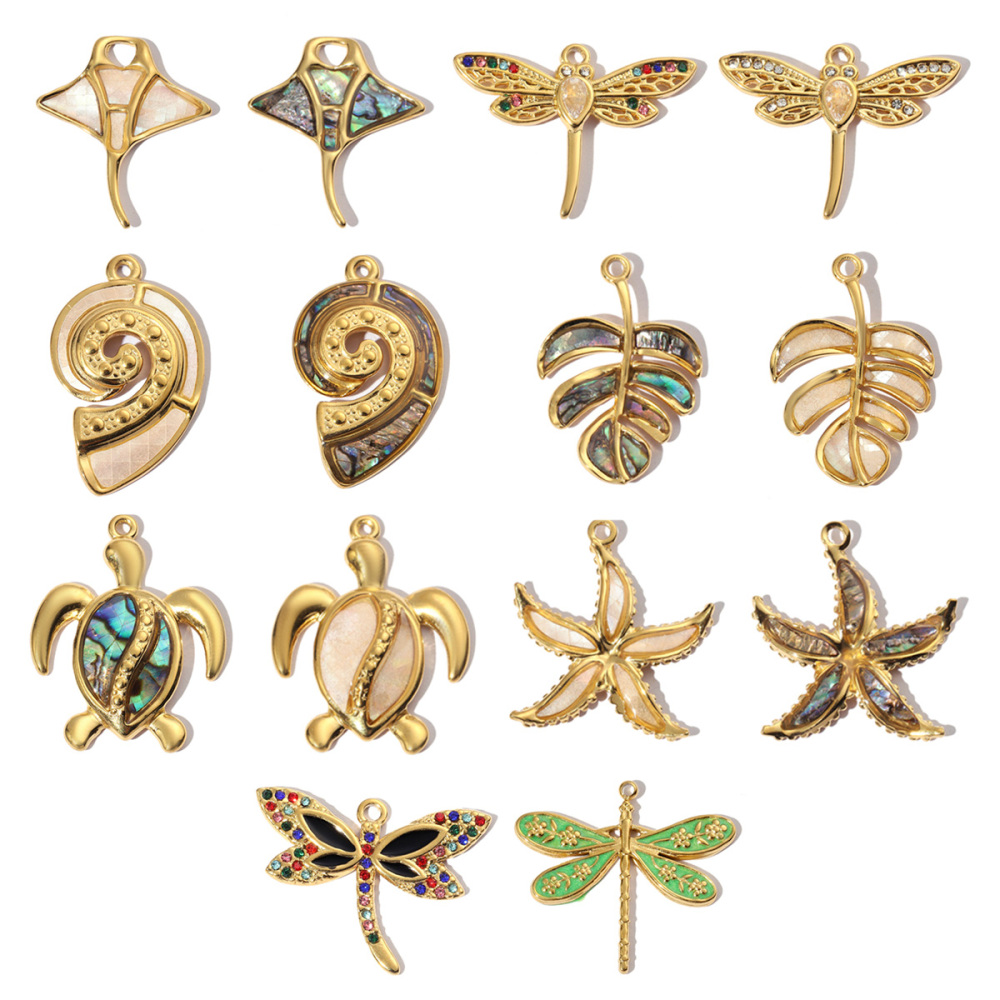 6pcs/pack Stainless Steel Turtle Dragonfly Earring DIY Charms Women Leaf Starfish Necklace Pendant Conch Mobula Shell Jewelry