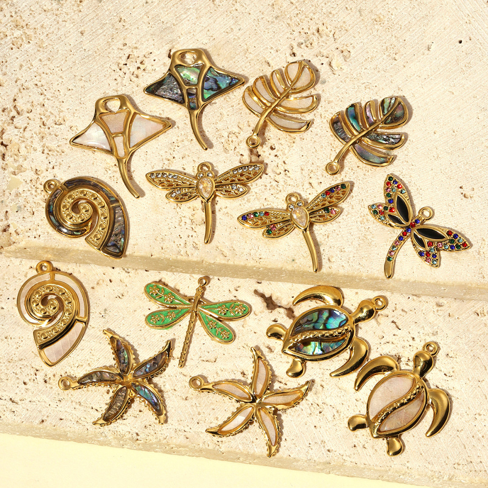 6pcs/pack Stainless Steel Turtle Dragonfly Earring DIY Charms Women Leaf Starfish Necklace Pendant Conch Mobula Shell Jewelry