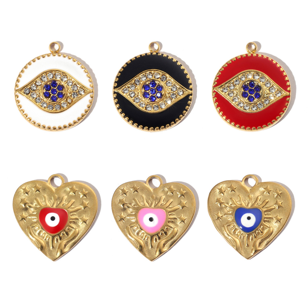 6pcs/pack French Enamel Eye Stainless Steel Bracelet DIY Charms Women Love Heart Necklace Pendant Religious Jewelry