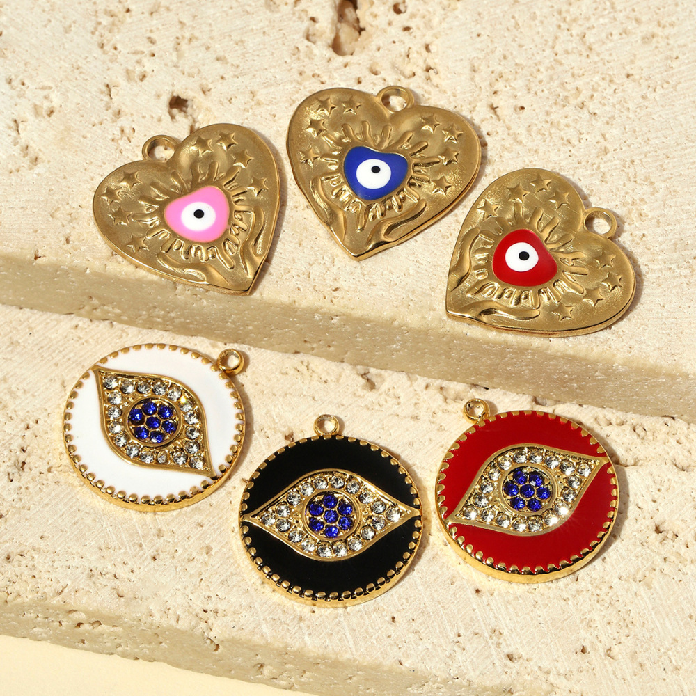 6pcs/pack French Enamel Eye Stainless Steel Bracelet DIY Charms Women Love Heart Necklace Pendant Religious Jewelry