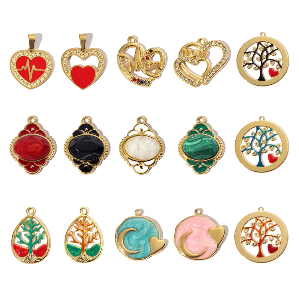 6pcs/pack Geometric Life Tree Stainless Steel Earring DIY Charms Women Enamle Love Heart Necklace Pendant Moon Jewelry