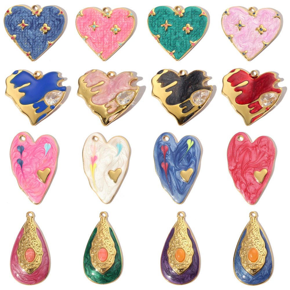 6pcs/pack Stainless Steel Enamel Love Earring DIY Charm Women Colorful Heart Necklace Pendant Waterdrop Natural Stone Jewelry