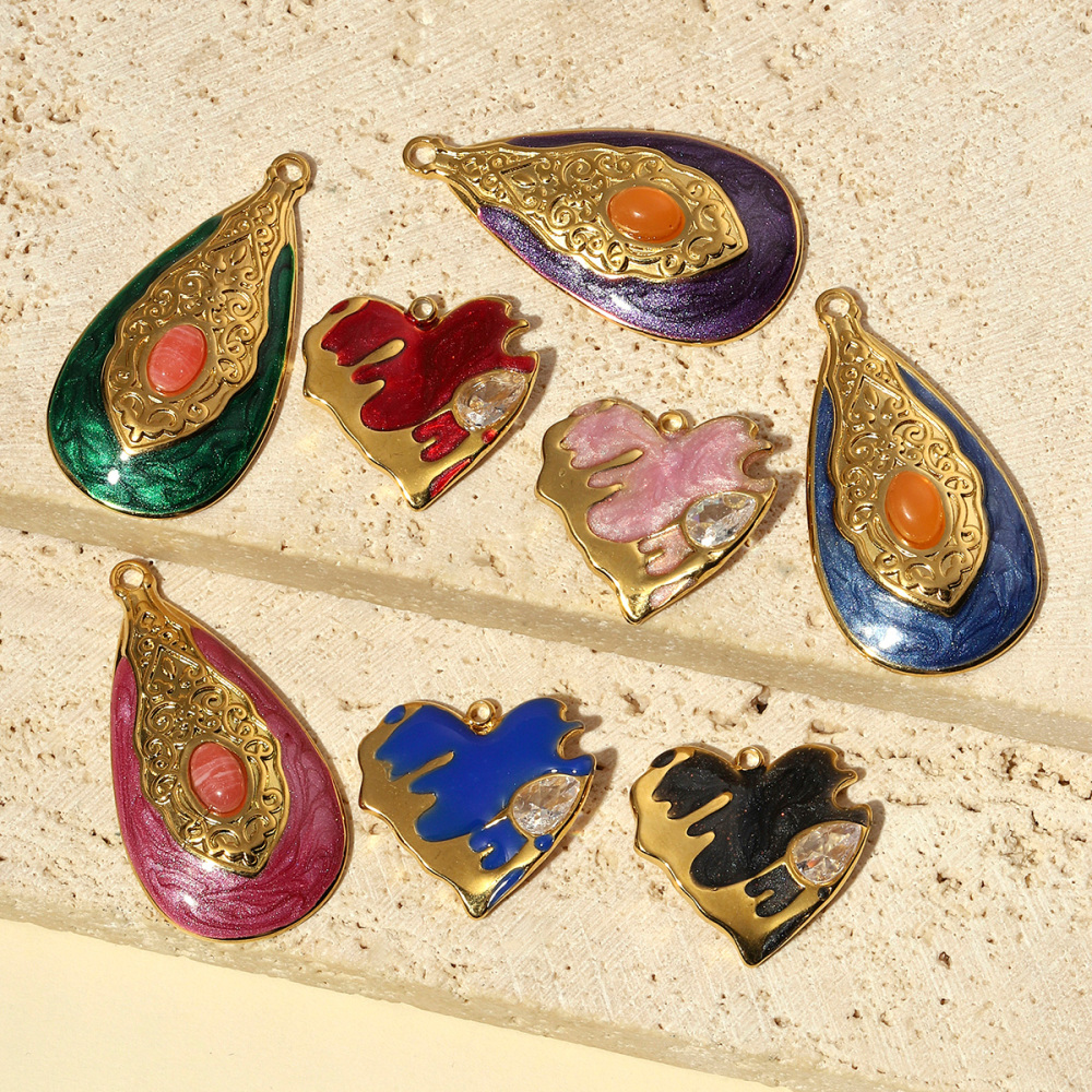 6pcs/pack Stainless Steel Enamel Love Earring DIY Charm Women Colorful Heart Necklace Pendant Waterdrop Natural Stone Jewelry