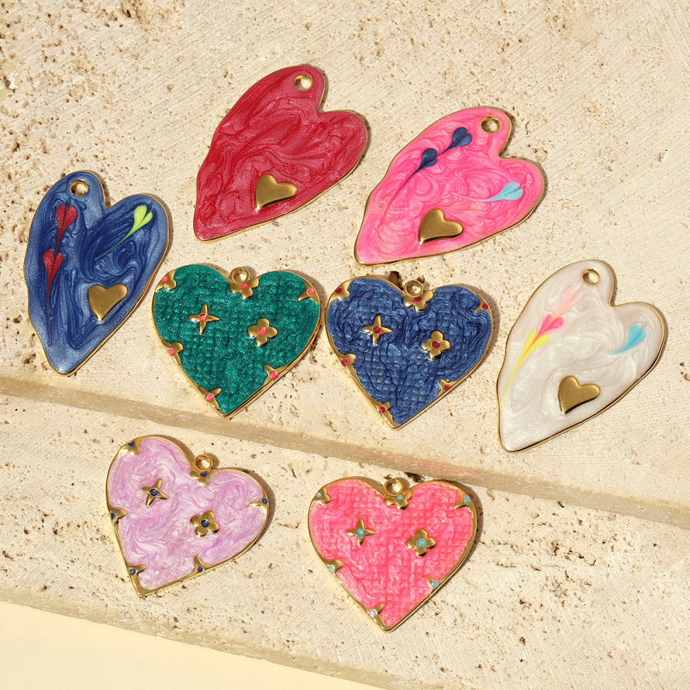 6pcs/pack Stainless Steel Enamel Love Earring DIY Charm Women Colorful Heart Necklace Pendant Waterdrop Natural Stone Jewelry