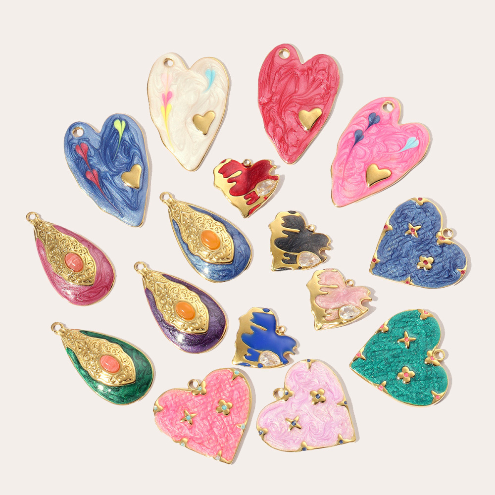6pcs/pack Stainless Steel Enamel Love Earring DIY Charm Women Colorful Heart Necklace Pendant Waterdrop Natural Stone Jewelry