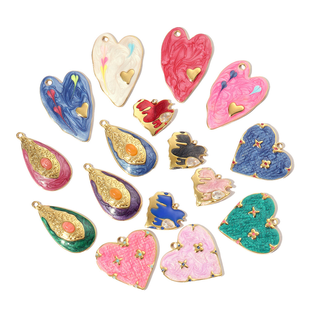 6pcs/pack Stainless Steel Enamel Love Earring DIY Charm Women Colorful Heart Necklace Pendant Waterdrop Natural Stone Jewelry