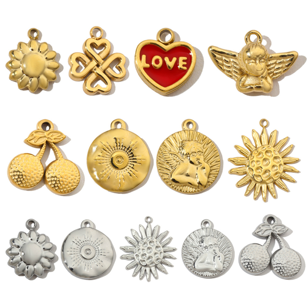 6pcs/pack French Enamel Heart Stainless Steel Bracelet DIY Charms Women Clover Flower Necklace Pendant Angel Cherry Jewelry