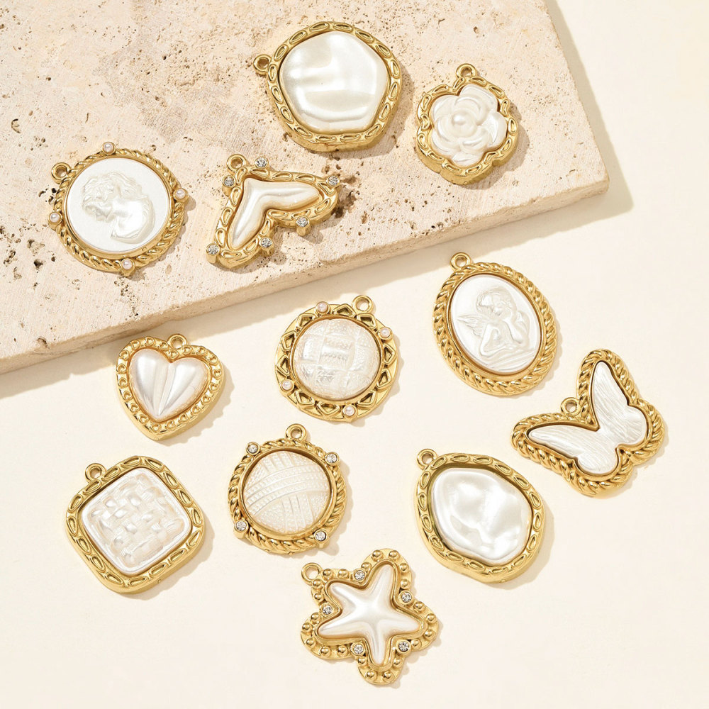 6pcs/pack Stainless Steel Pearl Geometric Round Necklace Pendant Star Flower DIY Earring Charm Women Butterfly Tail Jewelry