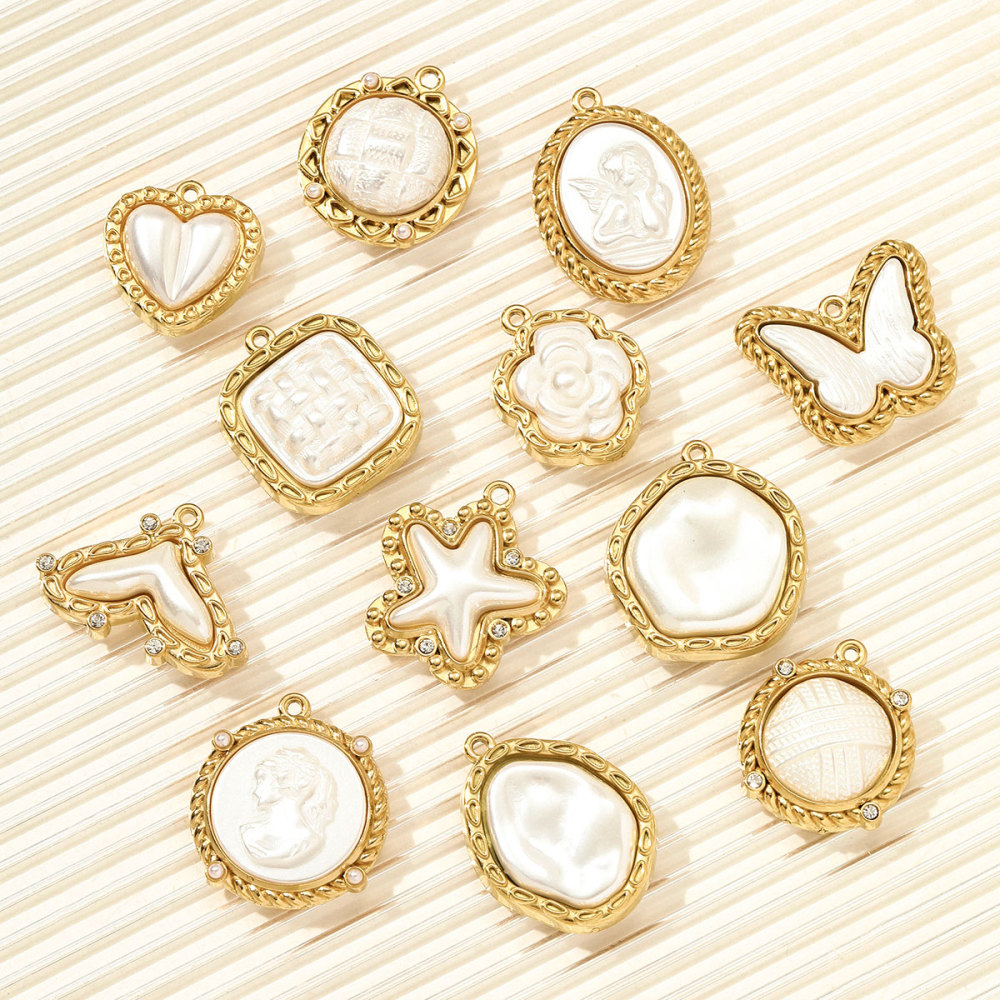 6pcs/pack Stainless Steel Pearl Geometric Round Necklace Pendant Star Flower DIY Earring Charm Women Butterfly Tail Jewelry