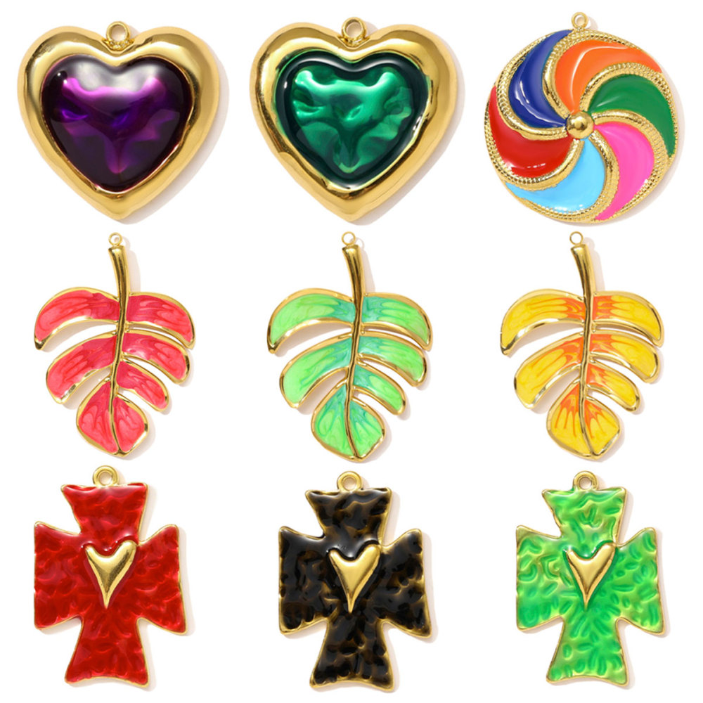 6pcs/pack Stainless Steel Enamel Love Heart Necklace Pendant Dopamine Cross Windmill DIY Earring Charm Women Monstera Leaf Jewelry
