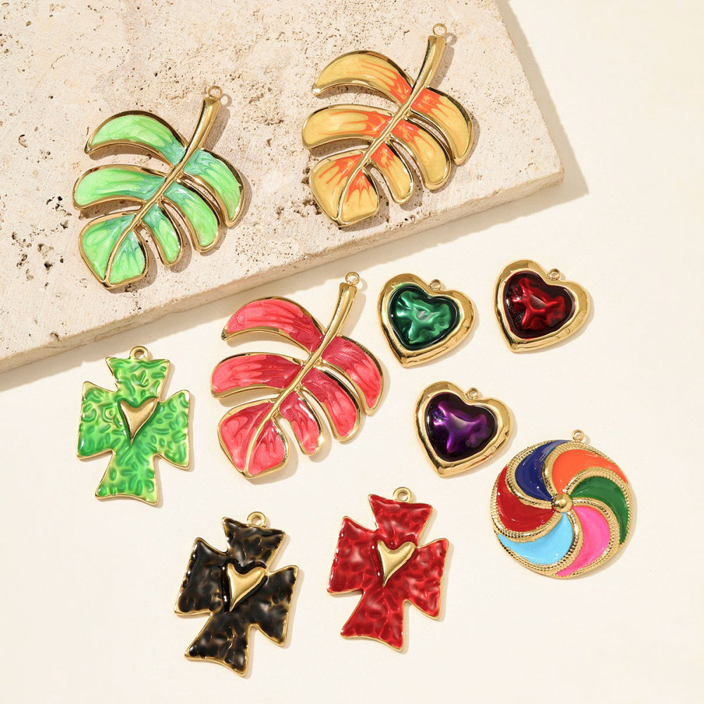 6pcs/pack Stainless Steel Enamel Love Heart Necklace Pendant Dopamine Cross Windmill DIY Earring Charm Women Monstera Leaf Jewelry