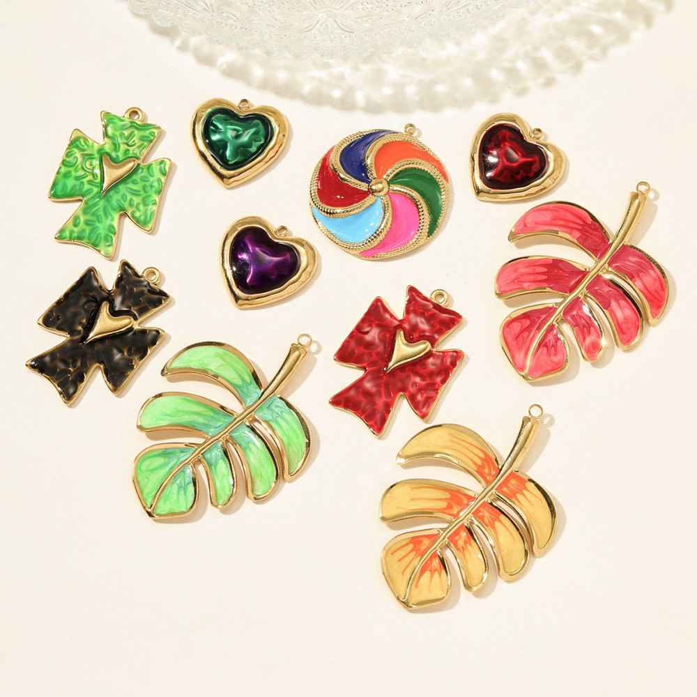 6pcs/pack Stainless Steel Enamel Love Heart Necklace Pendant Dopamine Cross Windmill DIY Earring Charm Women Monstera Leaf Jewelry