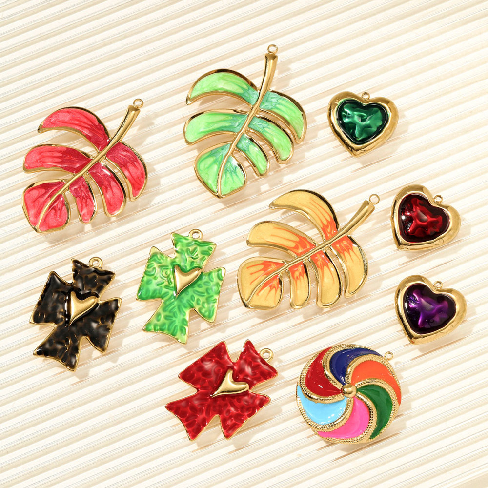 6pcs/pack Stainless Steel Enamel Love Heart Necklace Pendant Dopamine Cross Windmill DIY Earring Charm Women Monstera Leaf Jewelry