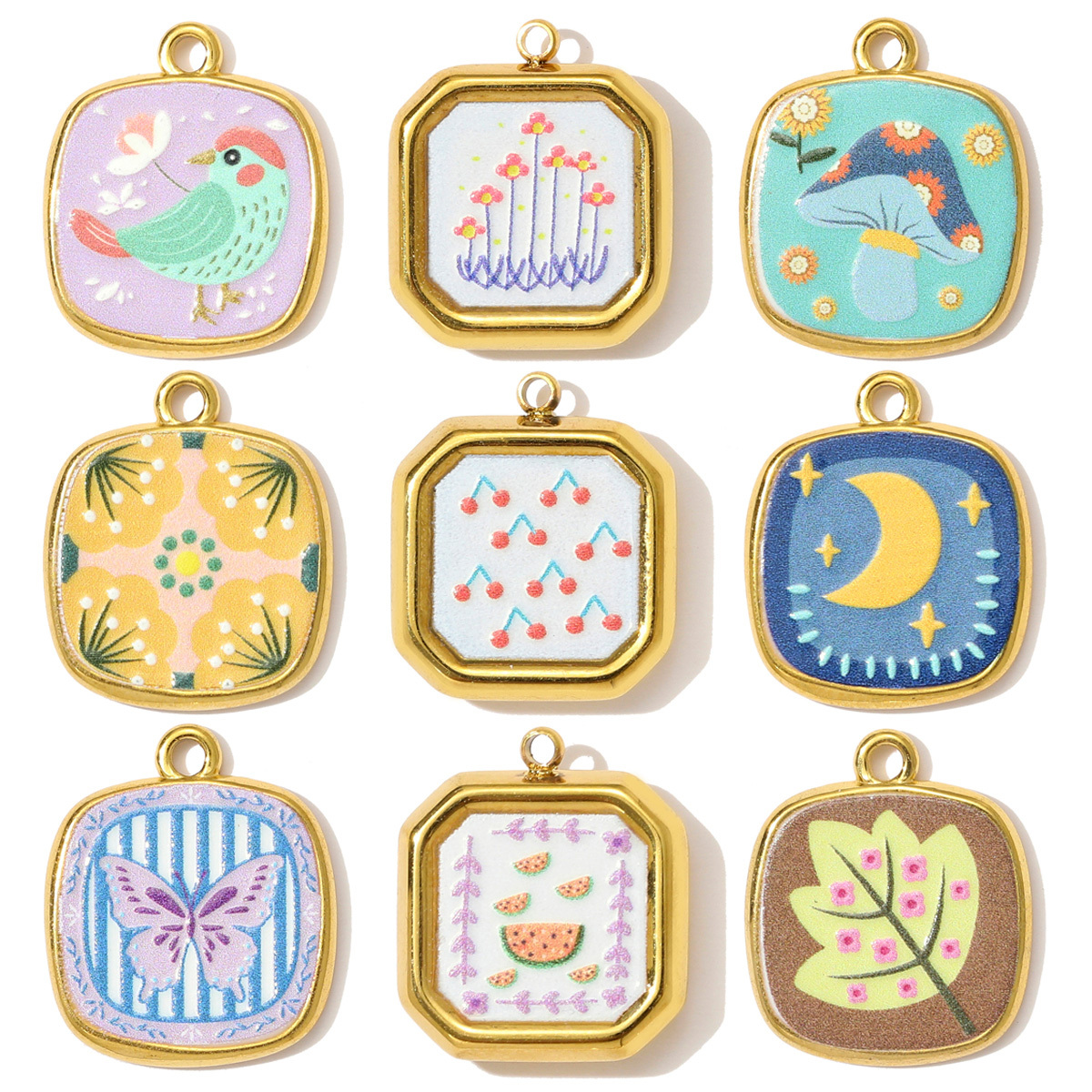 6pcs/pack Stainless Steel Bird Butterfly Painting Necklace Pendant Enamel Mushroom Cherry DIY Charm Women Star Moon Jewelry