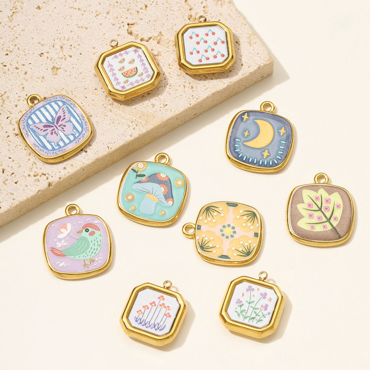 6pcs/pack Stainless Steel Bird Butterfly Painting Necklace Pendant Enamel Mushroom Cherry DIY Charm Women Star Moon Jewelry