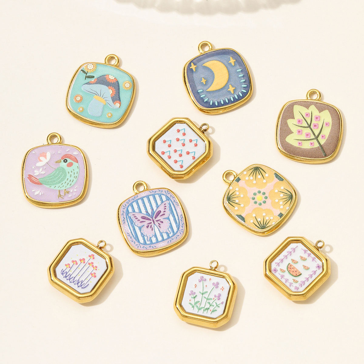 6pcs/pack Stainless Steel Bird Butterfly Painting Necklace Pendant Enamel Mushroom Cherry DIY Charm Women Star Moon Jewelry