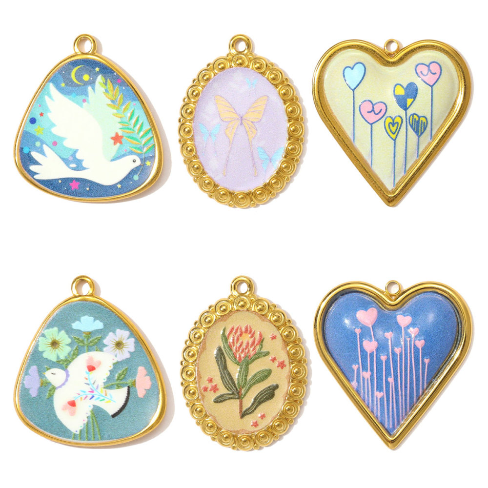 6pcs/pack Oil Painting Style Stainless Steel Heart Balloon Necklace Pendant Enamel Dove Butterfly DIY Charm Women Flower Jewelry