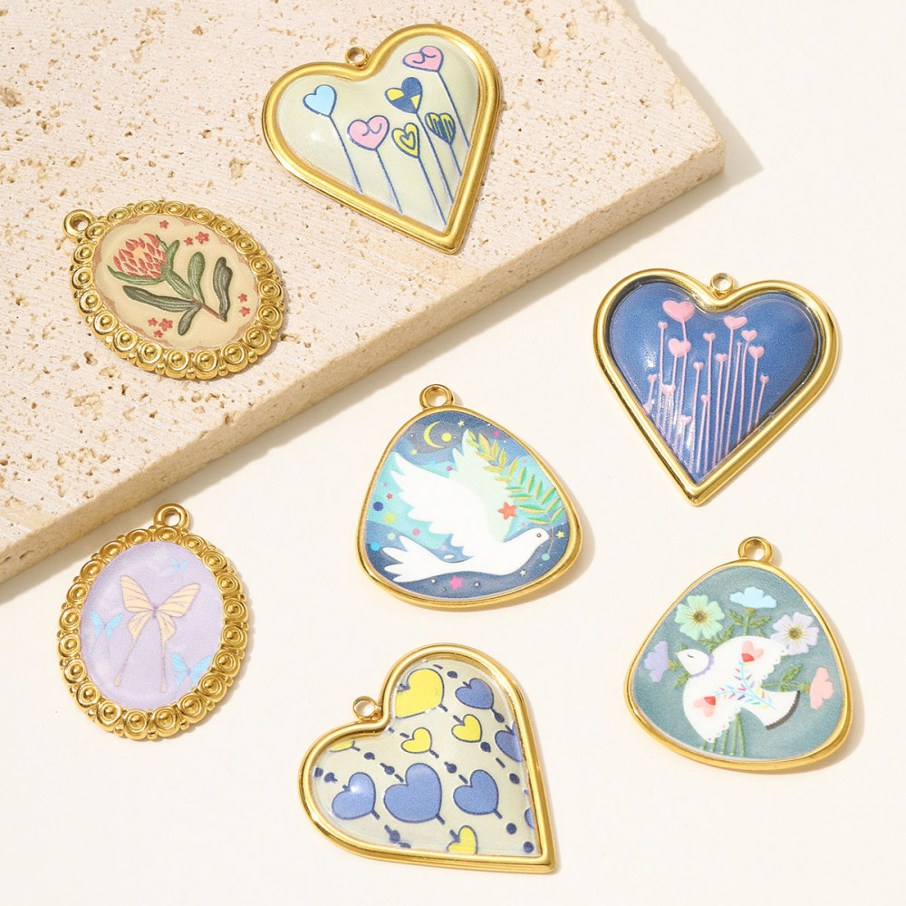 6pcs/pack Oil Painting Style Stainless Steel Heart Balloon Necklace Pendant Enamel Dove Butterfly DIY Charm Women Flower Jewelry