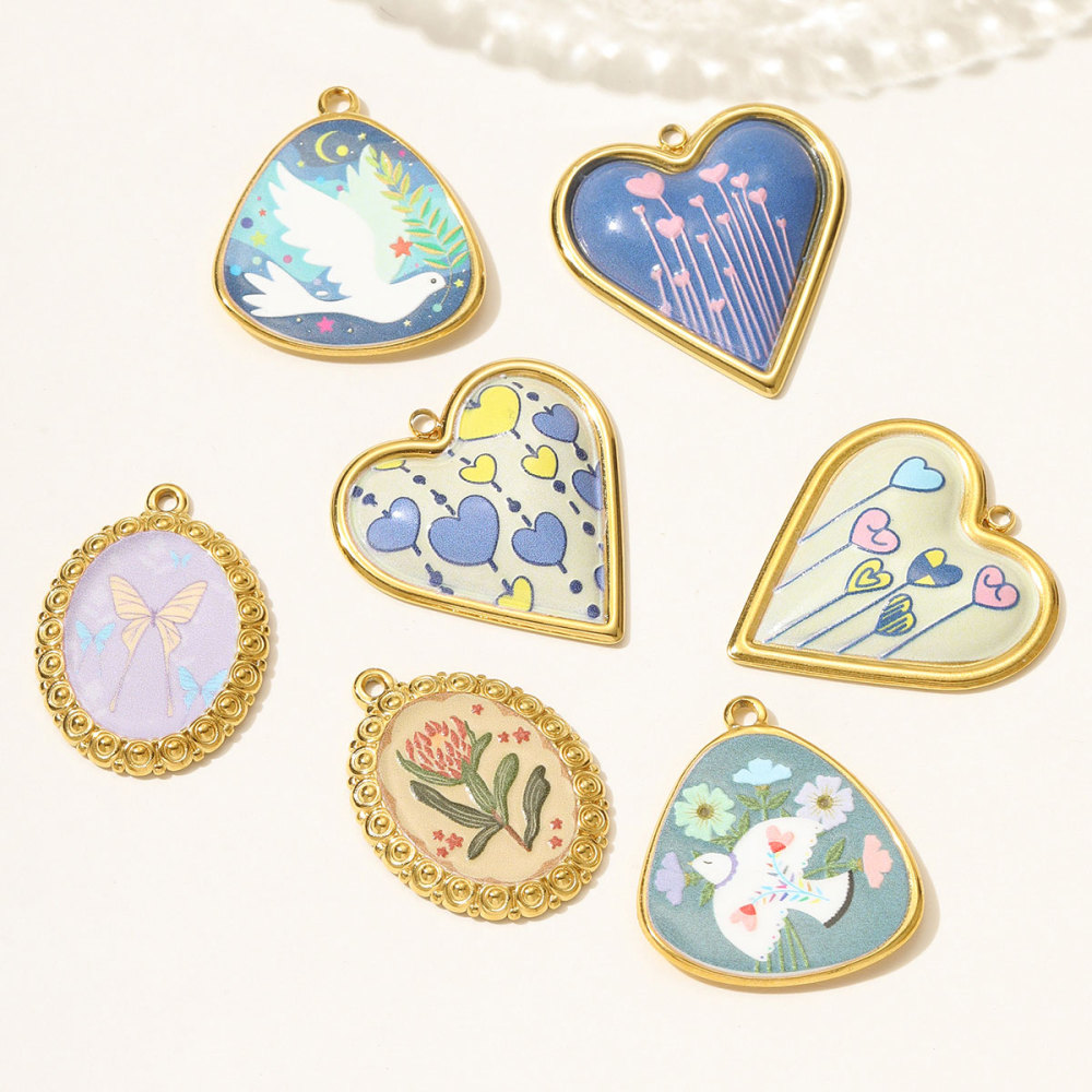 6pcs/pack Oil Painting Style Stainless Steel Heart Balloon Necklace Pendant Enamel Dove Butterfly DIY Charm Women Flower Jewelry