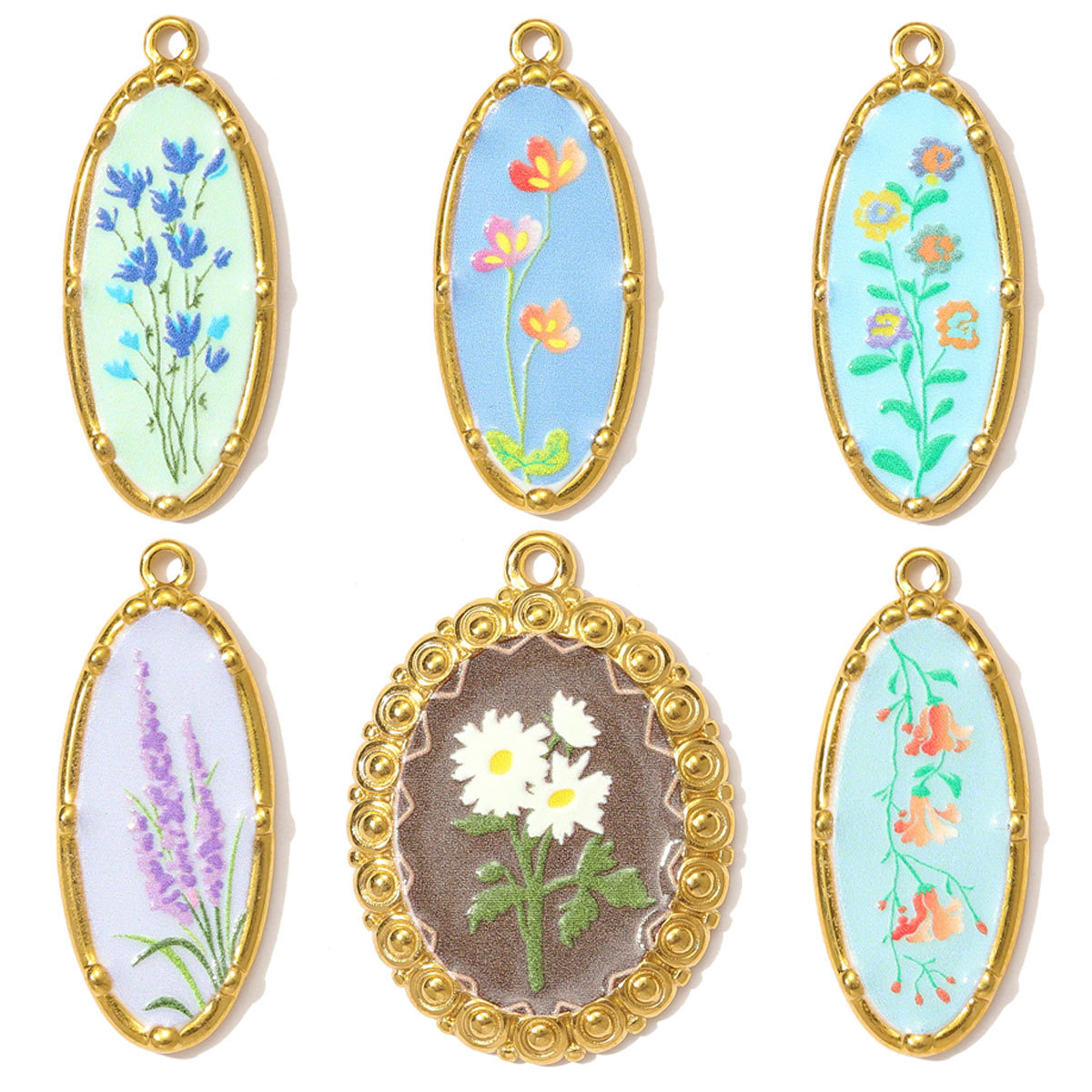 6pcs/pack Oil Painting Style Stainless Steel Balsam Oval Necklace Pendant Enamel Pruple Lavender DIY Charm Women Flower Jewelry